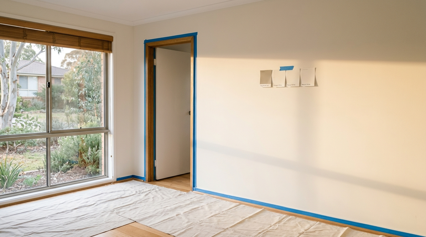 Sunlight raking across a freshly painted living room wall showing interior paint finishes and sample swatches