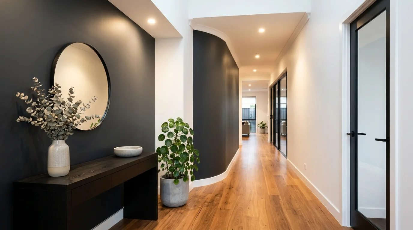 After: a repaired and freshly painted hallway