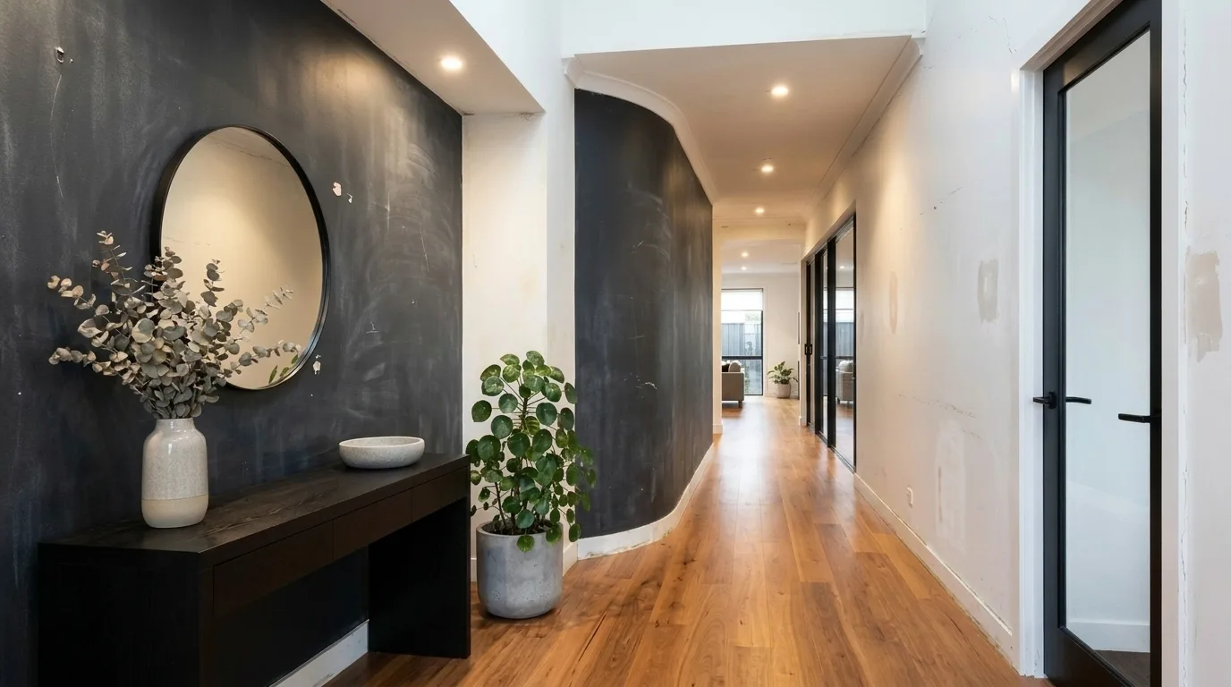 Before: the same hallway with a faded feature wall, scuffs, cracks and filler patches