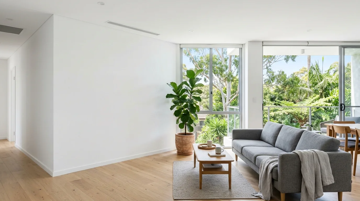 After: a freshly painted living room with clean white walls