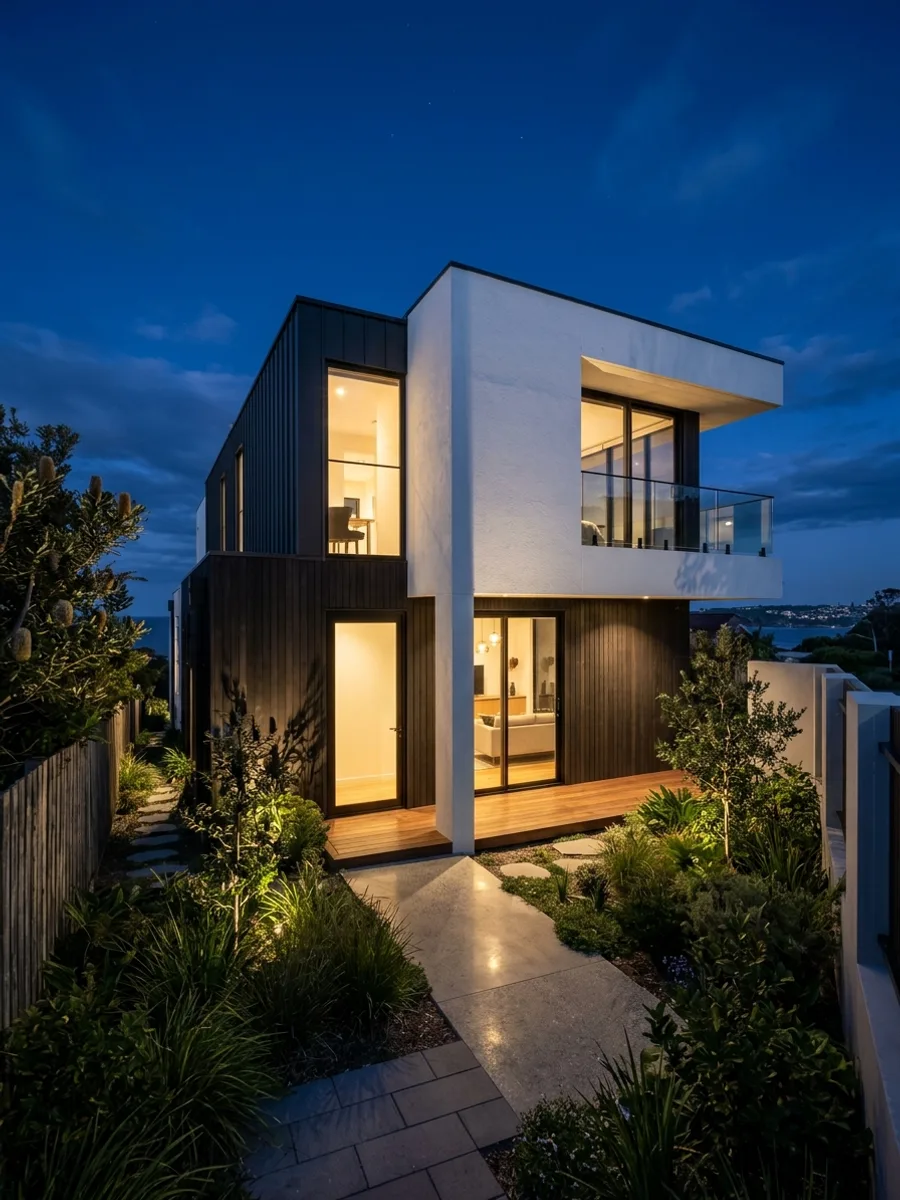 Contemporary home with a freshly painted facade at dusk