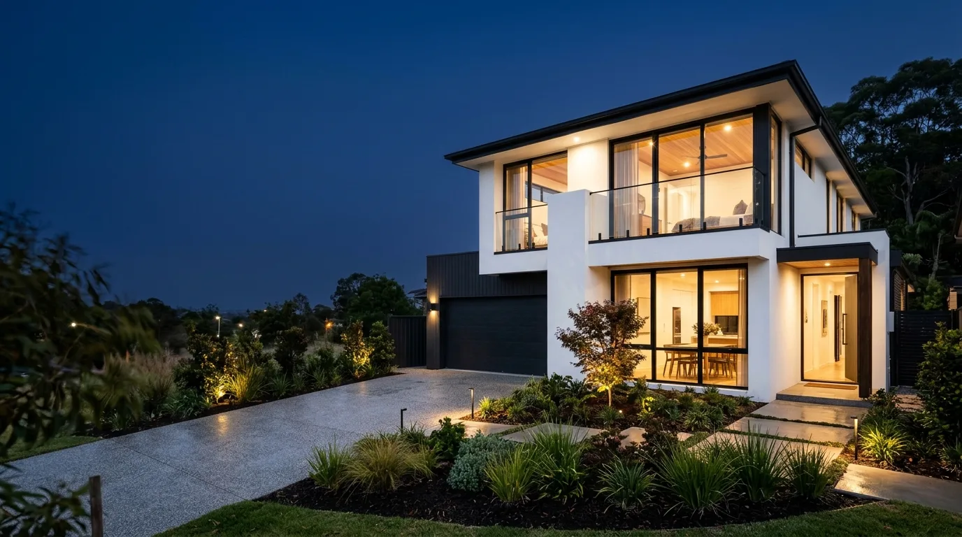 Two-storey family home with a freshly painted exterior at dusk