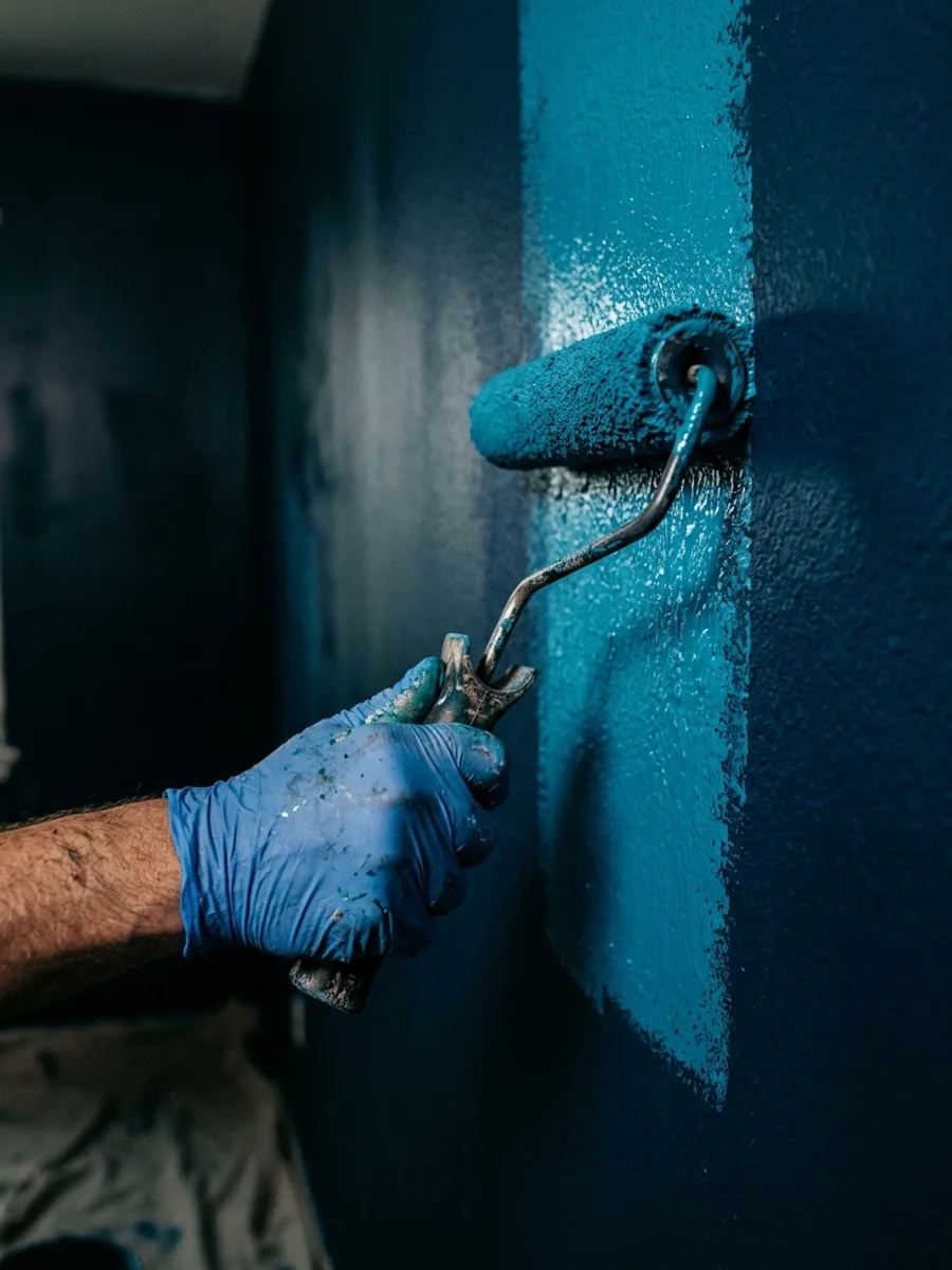 Painter rolling deep blue paint onto a textured wall