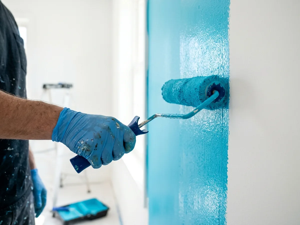 Painter rolling blue paint onto a white wall
