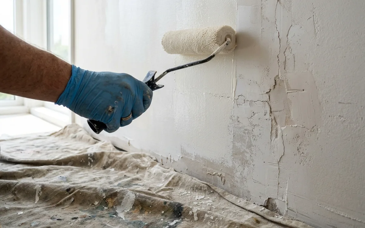 Painter priming a repaired wall